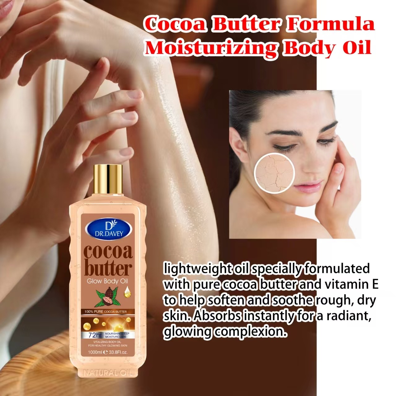 Dr. Davey Cocoa Butter Glow Body Oil, Deep Moisturizing Skin Care Oil, 72hr Hydration Nourishing Body Oil for Smooth Soft Glowing Skin, Vitamin Rich Cocoa Butter Oil 1000ml