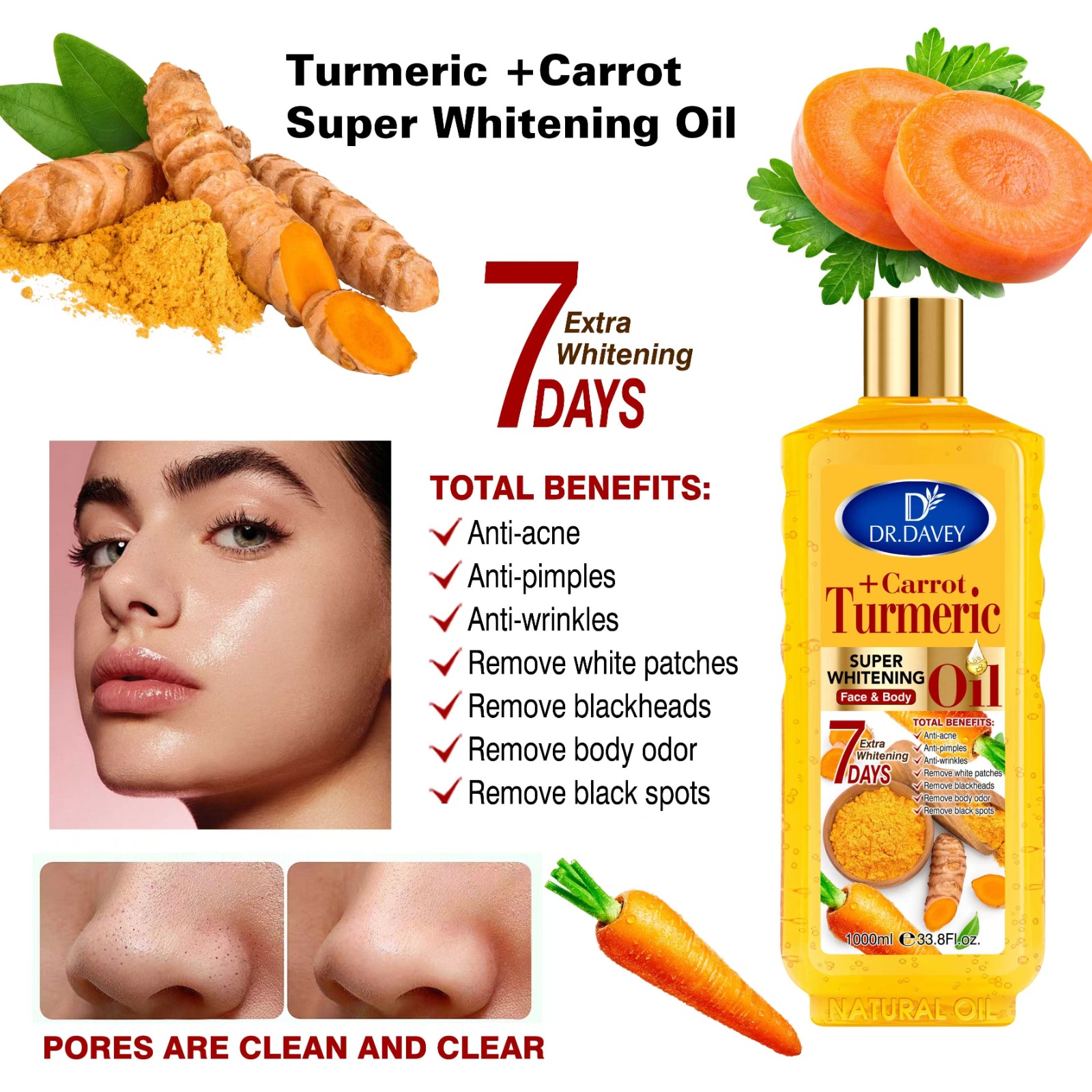 Dr Davey Carrot + Turmeric Super Whitening Face and Body Oil 1000ml | 7 Days Extra Whitening Glow | Deep Moisturizing Brightening Oil for Even Skin Tone Radiant Smooth Skin