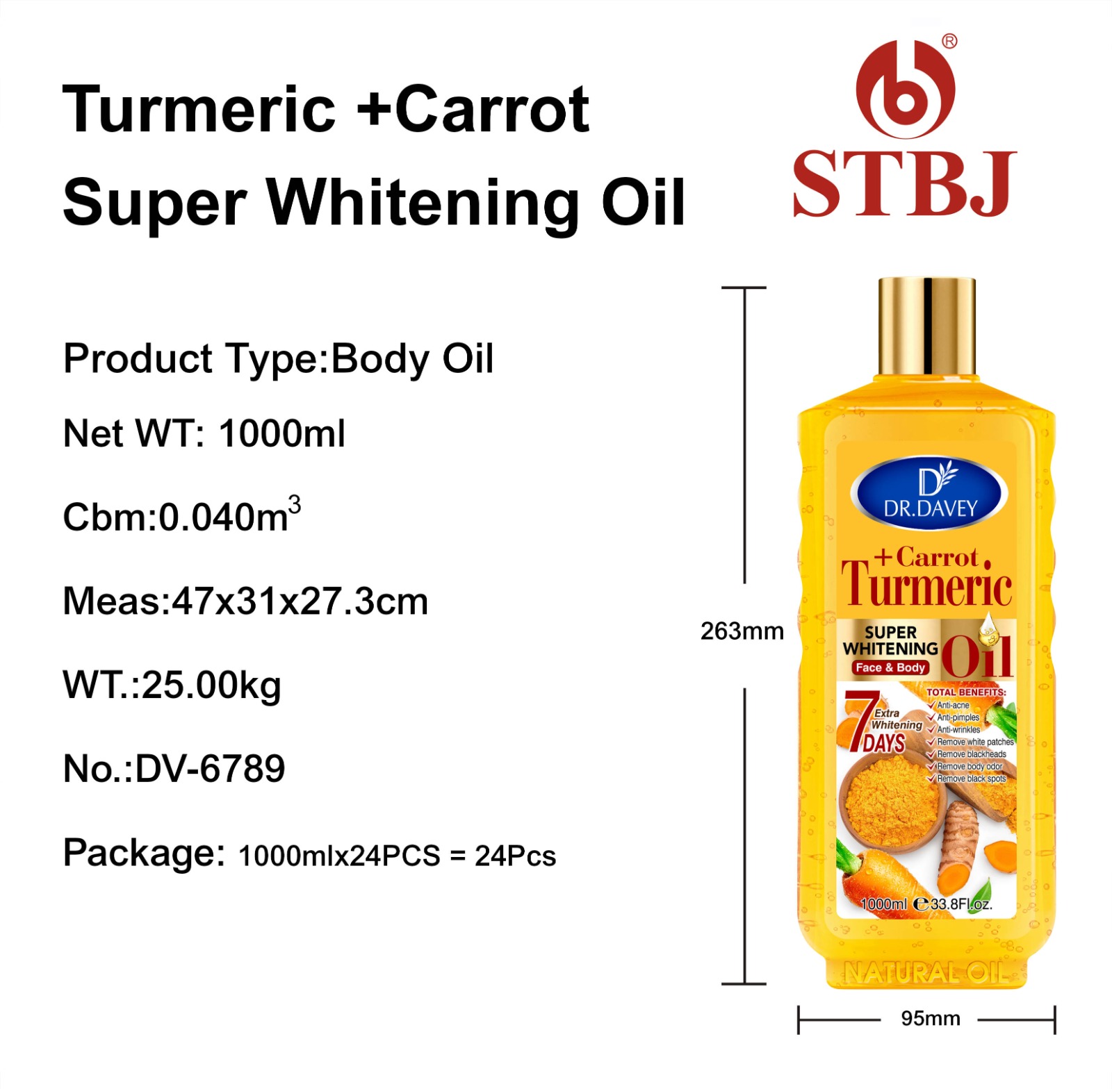 Dr Davey Carrot + Turmeric Super Whitening Face and Body Oil 1000ml | 7 Days Extra Whitening Glow | Deep Moisturizing Brightening Oil for Even Skin Tone Radiant Smooth Skin