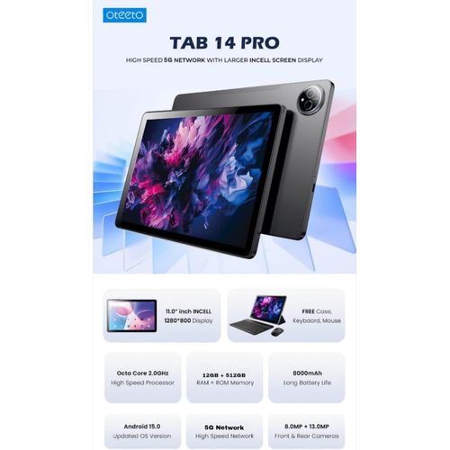 oteeto TAB14 Pro Android 15 & 11.0" INCELL 1280x800 Display 12GB RAM + 512GB ROM 5G Wi-Fi & 8000mAh Battery Octa Core 2.0GHz 8.0MP Front + 13.0MP Rear Camera Include Keyboard & Mouse- Grey