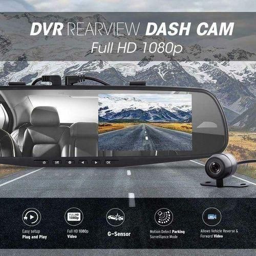 Dash Cam Rearview Mirror - 4.3” DVR Monitor Rear View Dual Camera Video Recording System In Full HD 1080p W/ Built In G-Sensor Motion Detect Parking And Reverse Control Loop Record Support