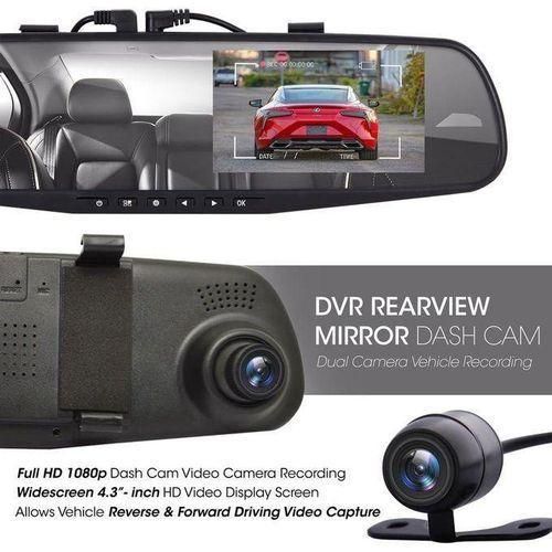 Dash Cam Rearview Mirror - 4.3” DVR Monitor Rear View Dual Camera Video Recording System In Full HD 1080p W/ Built In G-Sensor Motion Detect Parking And Reverse Control Loop Record Support