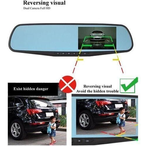 Dash Cam Rearview Mirror - 4.3” DVR Monitor Rear View Dual Camera Video Recording System In Full HD 1080p W/ Built In G-Sensor Motion Detect Parking And Reverse Control Loop Record Support