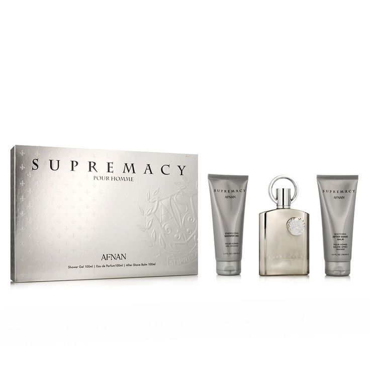 SUPREMACY SILVER BY AFNAN GIFT SET- the Supremacy Silver Gift Set, a unisex collection curated for sophistication. This ensemble includes a 100ml Eau de Parfum, 100ml aftershave, 100ml shower gel
