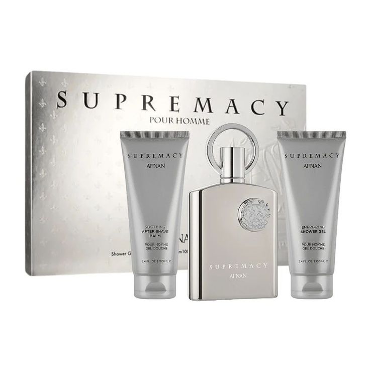 SUPREMACY SILVER BY AFNAN GIFT SET- the Supremacy Silver Gift Set, a unisex collection curated for sophistication. This ensemble includes a 100ml Eau de Parfum, 100ml aftershave, 100ml shower gel