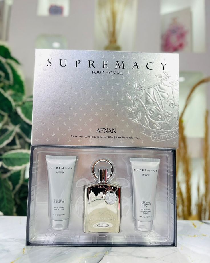 SUPREMACY SILVER BY AFNAN GIFT SET- the Supremacy Silver Gift Set, a unisex collection curated for sophistication. This ensemble includes a 100ml Eau de Parfum, 100ml aftershave, 100ml shower gel