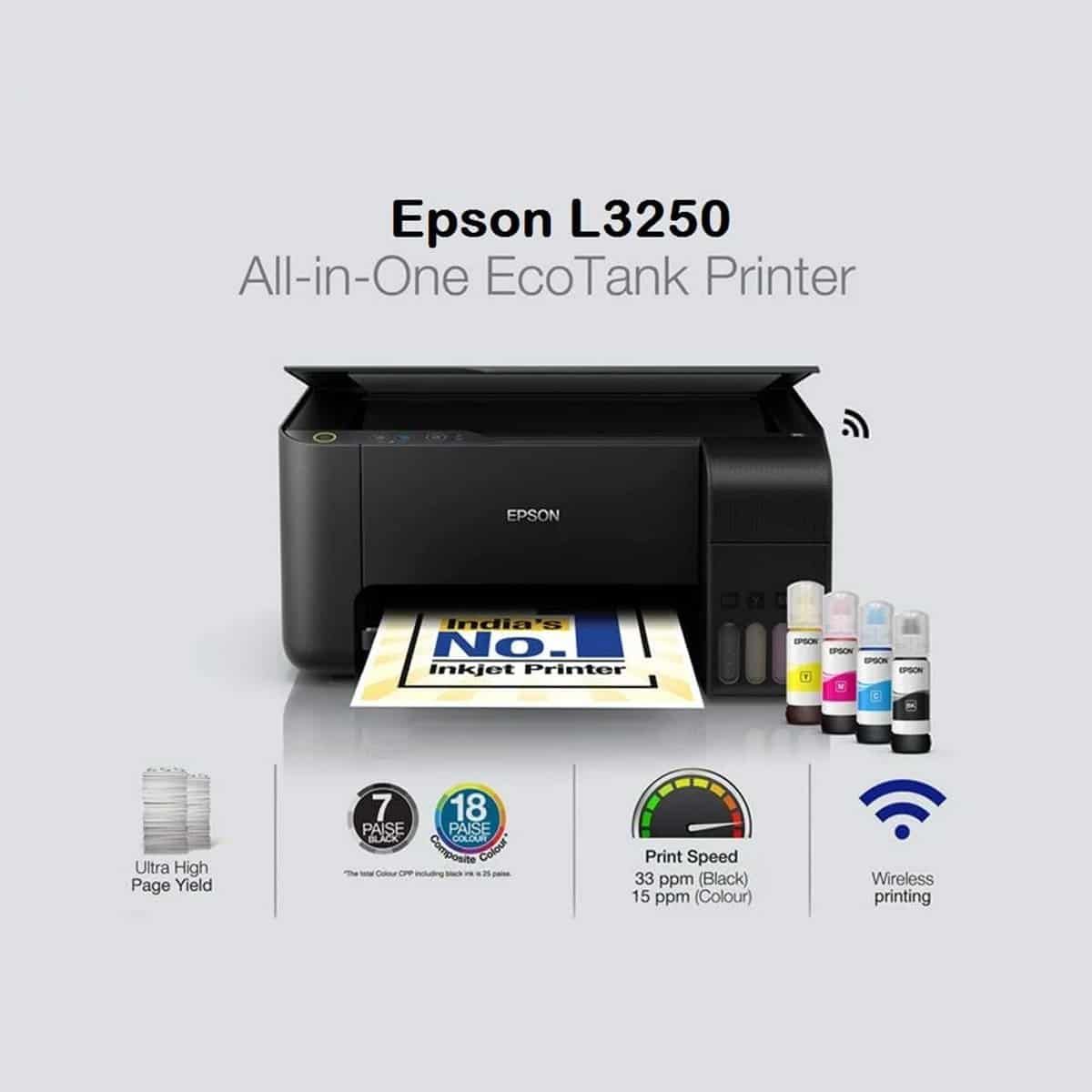 Brand New Epson Printer | Epson L3250 ECOTANK Printer Black in Color, Print, Scan, Copy and Wireless| All in one Office Printer | Portable and Easy to Install and Print