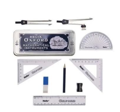 Helix Oxford School Mathematical Set with Free Geometry Set, High-Quality Durable Metal Box, Complete Drawing and Measuring Tools for Students, Ideal for School, Exams, and Home Study