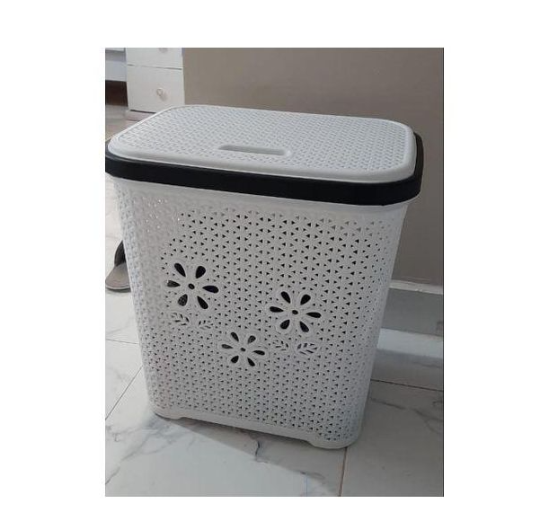 Plastic Laundry Basket with Lid, Breathable Clothes Storage Hamper, Large Capacity Organizer, Durable Ventilated Design, Lightweight Portable Basket for Bedroom, Bathroom, Hostel, Home Laundry