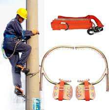 Professional Electrician Pole Climbing Safety Belt Kit - Adjustable Orange Nylon Strap, Heavy Duty Copper Frame with Wide Foot Pedals, Dual D-Ring Shackles & Mounting Brackets for Utility Pole & Tree