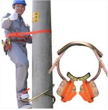 Professional Electrician Pole Climbing Safety Belt Kit - Adjustable Orange Nylon Strap, Heavy Duty Copper Frame with Wide Foot Pedals, Dual D-Ring Shackles & Mounting Brackets for Utility Pole & Tree