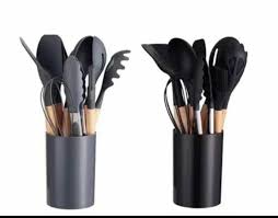 12pc Silicone spoons Non-Stick Cooking Spoon Set With Holder. Heat-resistant food-grade silicone (safe for non-stick cookware) Strong wooden handles for a comfortable, non-slip