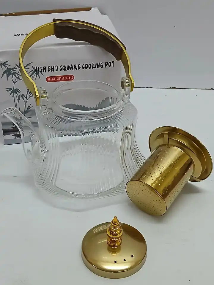 Heat-Resistant Glass Teapot with Strainer Infuser, 1.2L Glass Tea Pot with Gold Handle and Metallic Sieve