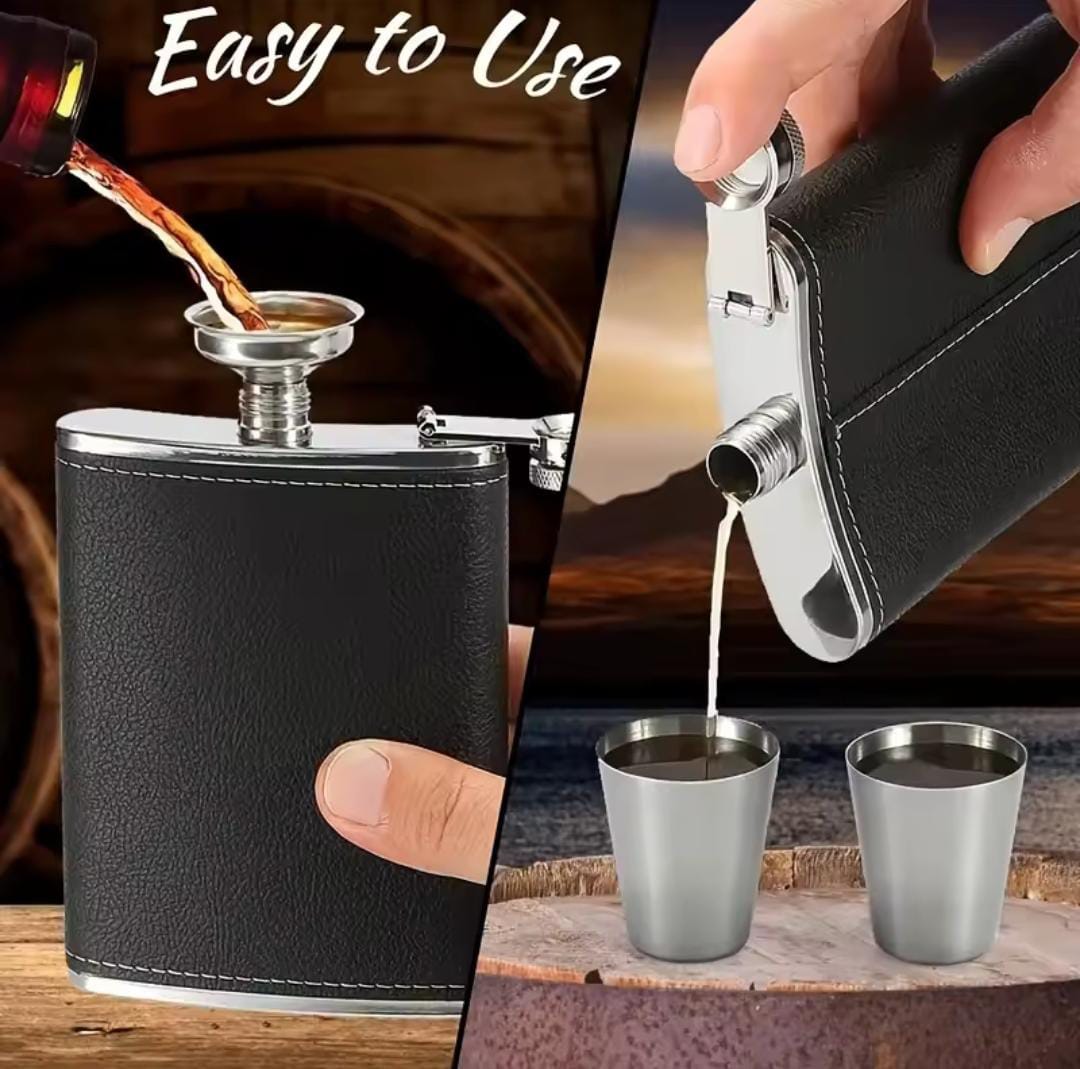 Premium Hip Flask Whisky Bottle Gift Set with Leather Cover, Leak-Proof Pocket Alcohol Flask Including 2 tot cups, Elegant Drinking Accessory for Travel, Parties & Gifting