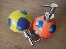 Ceramic Liquid Soap Dispenser Bottle with Stainless Steel Pump, Modern Polka Dot Design for Bathroom & Kitchen Sink, Refillable Hand Wash, Lotion or Detergent Container