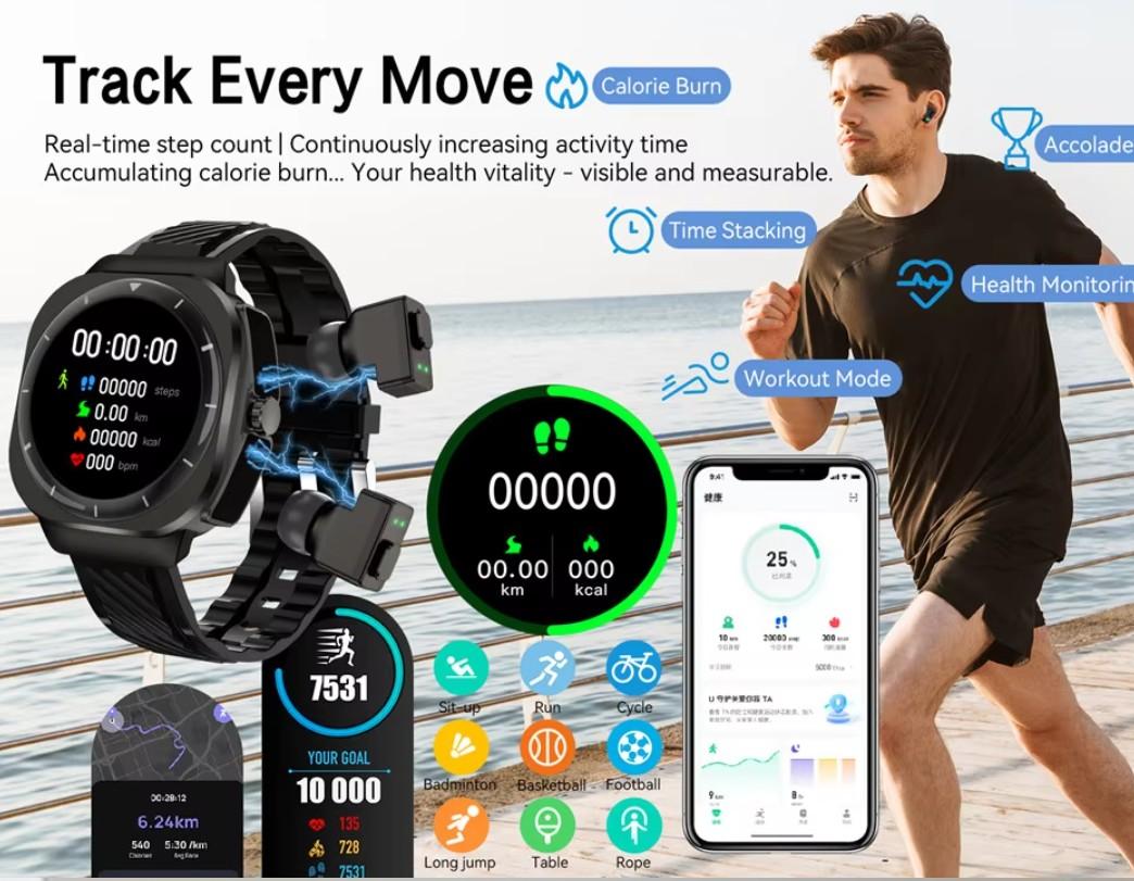 Fashion Smart Watch with Earbuds TWS BT Sports Smartwatch