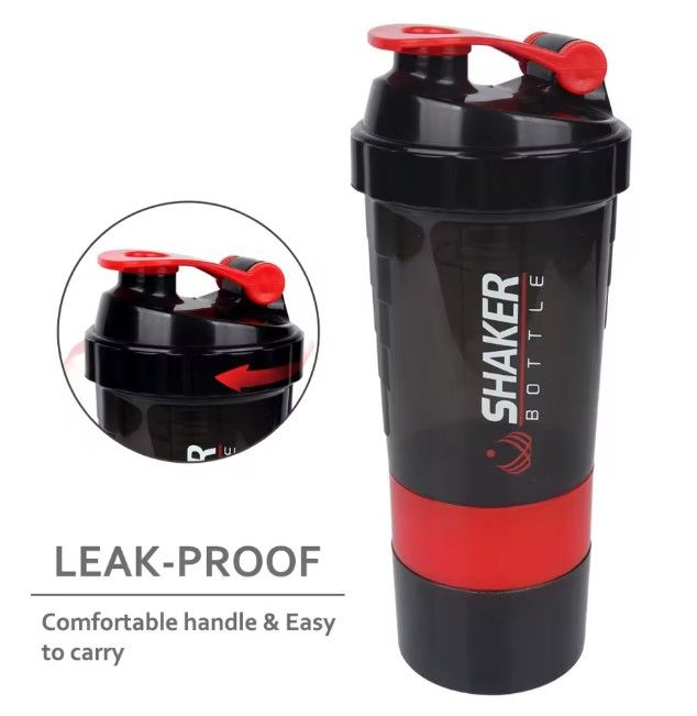 500ml Plastic Protein Shaker Bottle – 3-Layer Portable Gym Fitness Mixing Cup with Spring Ball, Leakproof, BPA-Free, Multi-Compartment Design