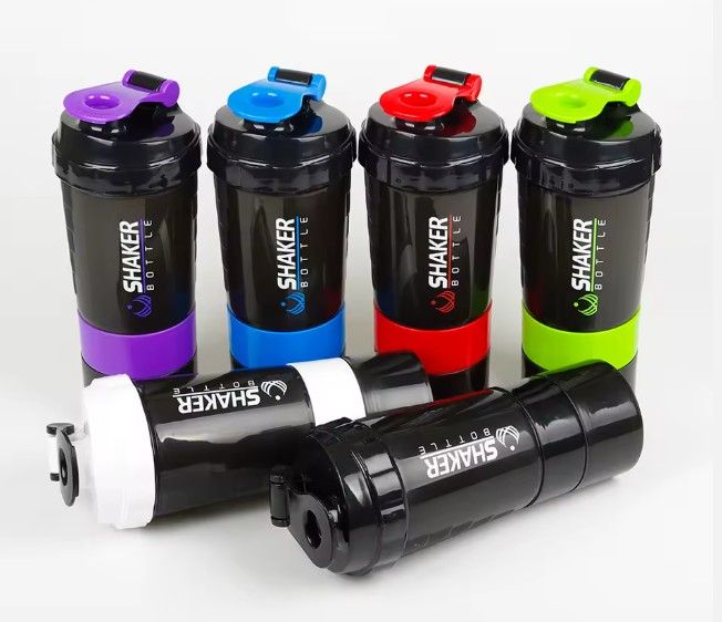 500ml Plastic Protein Shaker Bottle – 3-Layer Portable Gym Fitness Mixing Cup with Spring Ball, Leakproof, BPA-Free, Multi-Compartment Design