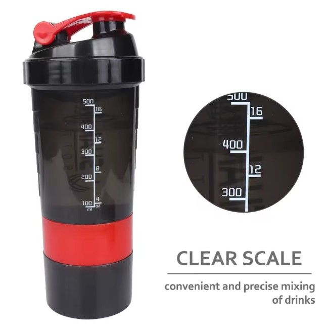 500ml Plastic Protein Shaker Bottle – 3-Layer Portable Gym Fitness Mixing Cup with Spring Ball, Leakproof, BPA-Free, Multi-Compartment Design