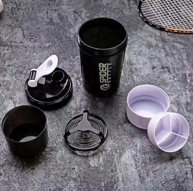 500ml Plastic Protein Shaker Bottle – 3-Layer Portable Gym Fitness Mixing Cup with Spring Ball, Leakproof, BPA-Free, Multi-Compartment Design