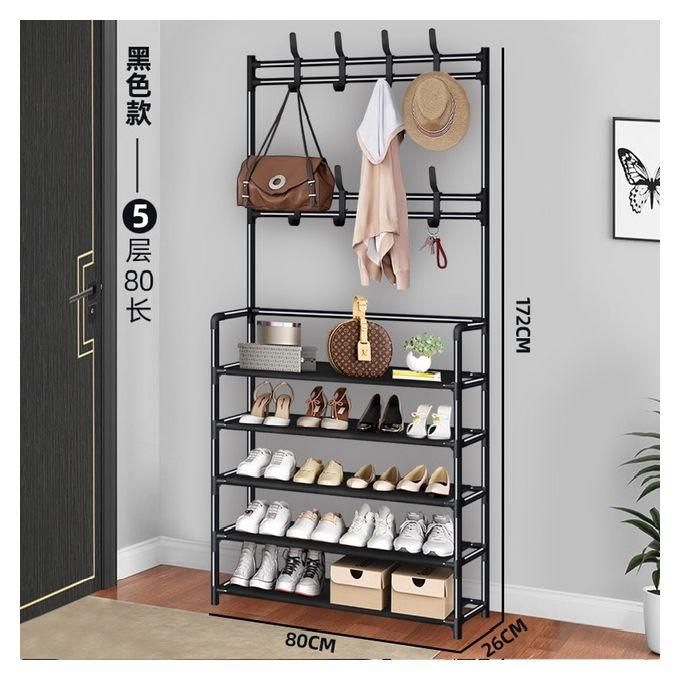 5-Tier Multifunctional Shoe, Hat And Cloth Hanger Rack-Multifunctional Entryway Coat Rack, Shoe Bench with Keys Hat Umbrella Metal Garment Stand Storage Shelves with 8 Hooks Hanger.