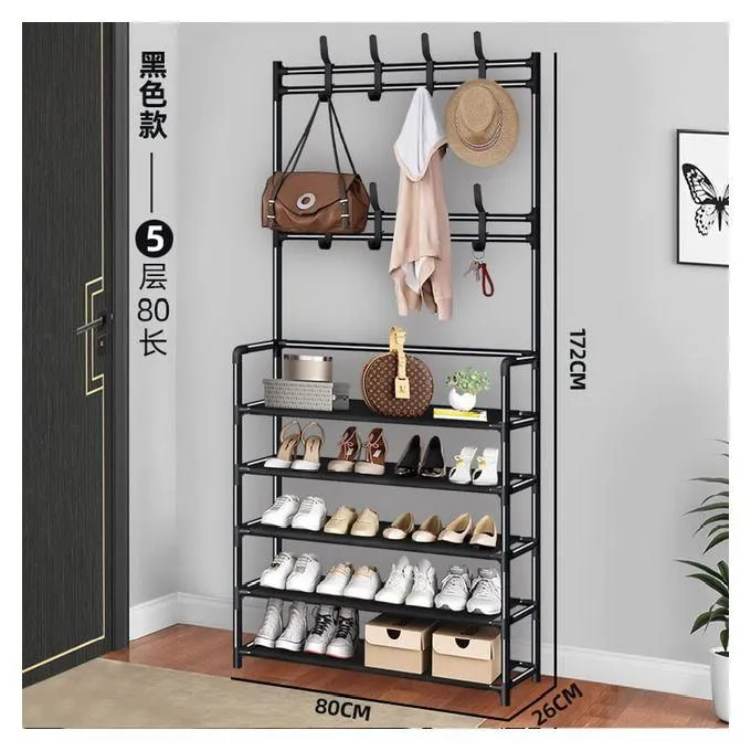 5-Tier Multifunctional Shoe, Hat And Cloth Hanger Rack-Multifunctional Entryway Coat Rack, Shoe Bench with Keys Hat Umbrella Metal Garment Stand Storage Shelves with 8 Hooks Hanger.-Black
