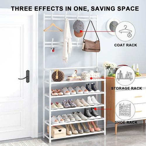 5-Tier Multifunctional Shoe, Hat And Cloth Hanger Rack-Multifunctional Entryway Coat Rack, Shoe Bench with Keys Hat Umbrella Metal Garment Stand Storage Shelves with 8 Hooks Hanger.