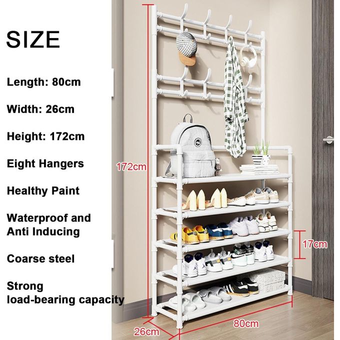 5-Tier Multifunctional Shoe, Hat And Cloth Hanger Rack-Multifunctional Entryway Coat Rack, Shoe Bench with Keys Hat Umbrella Metal Garment Stand Storage Shelves with 8 Hooks Hanger.