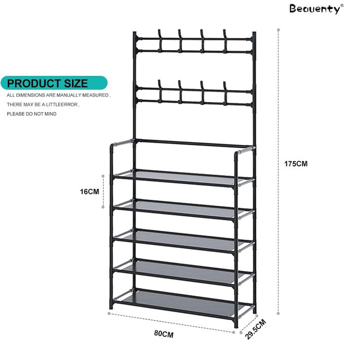 5-Tier Multifunctional Shoe, Hat And Cloth Hanger Rack-Multifunctional Entryway Coat Rack, Shoe Bench with Keys Hat Umbrella Metal Garment Stand Storage Shelves with 8 Hooks Hanger.