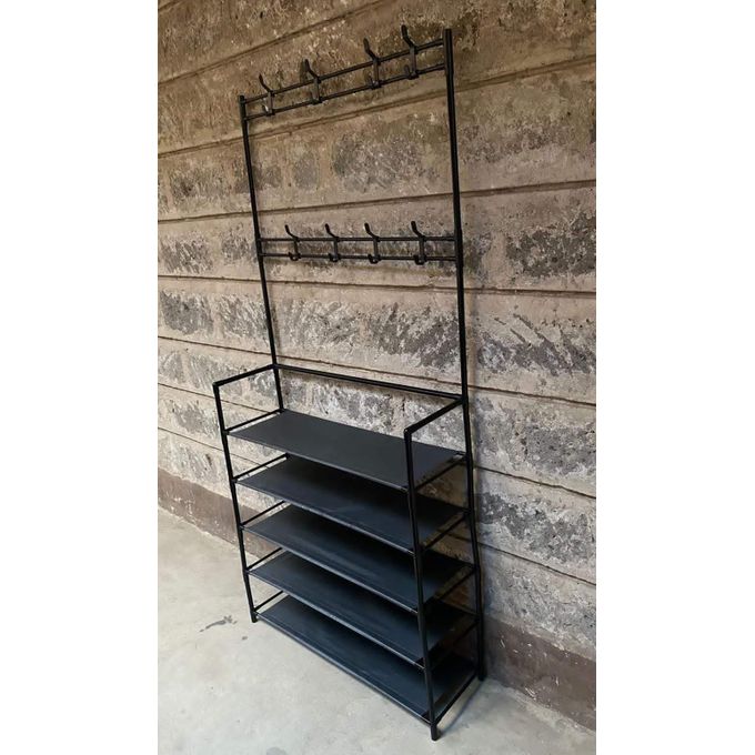 5-Tier Multifunctional Shoe, Hat And Cloth Hanger Rack-Multifunctional Entryway Coat Rack, Shoe Bench with Keys Hat Umbrella Metal Garment Stand Storage Shelves with 8 Hooks Hanger.