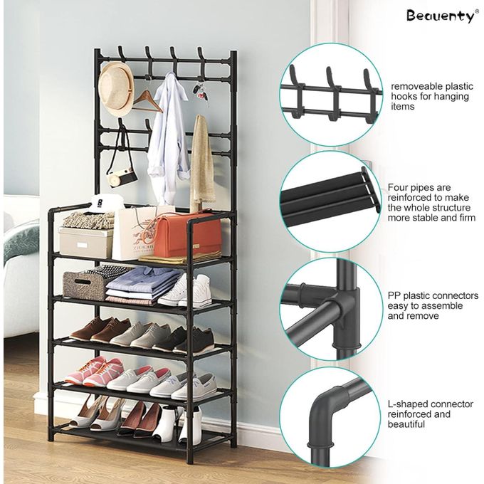 5-Tier Multifunctional Shoe, Hat And Cloth Hanger Rack-Multifunctional Entryway Coat Rack, Shoe Bench with Keys Hat Umbrella Metal Garment Stand Storage Shelves with 8 Hooks Hanger.