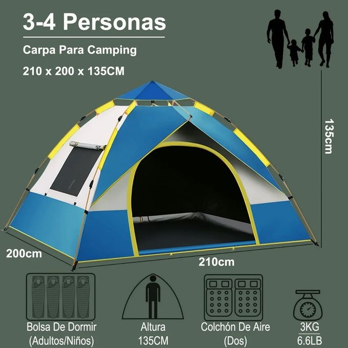 Outdoor camping tent for 3-4 Persons  tent Waterproof Windproof Rainfly, Easy Set up-Portable, Light Automatic Camping Tent, Easy To Set Up, Shading, Travel And Hiking-Blue