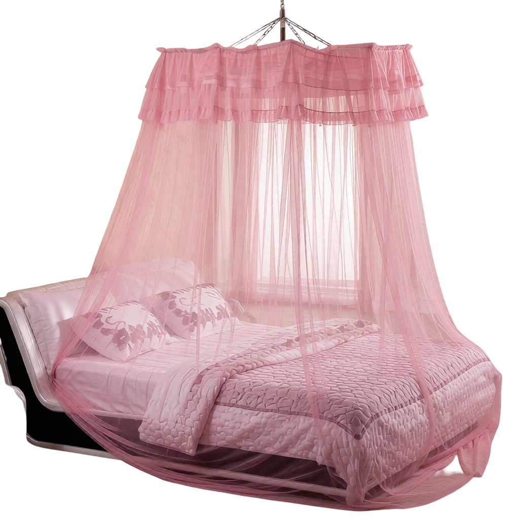 Premium Umbrella Mosquito Net – Free Size (Fits Up to 7x8 Bed) | Space-Saving Foldable Design with Metallic Hooks & Screws-Pink