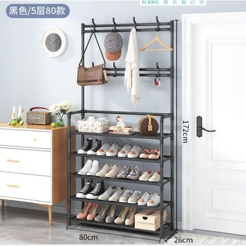 5-Tier Multifunctional Shoe, Hat And Cloth Hanger Rack-Multifunctional Entryway Coat Rack, Shoe Bench with Keys Hat Umbrella Metal Garment Stand Storage Shelves with 8 Hooks Hanger.-Black