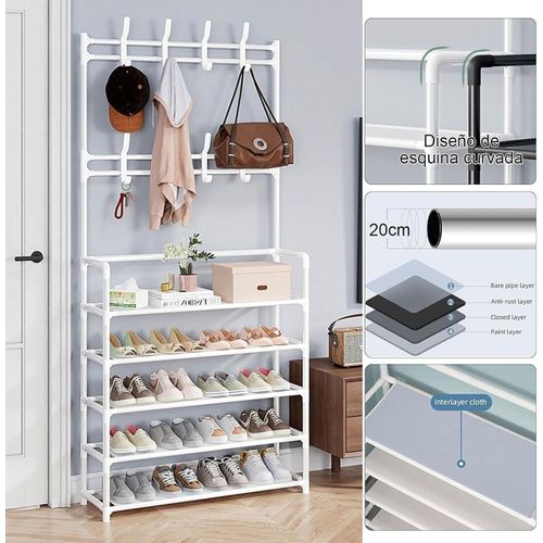 5-Tier Multifunctional Shoe, Hat And Cloth Hanger Rack-Multifunctional Entryway Coat Rack, Shoe Bench with Keys Hat Umbrella Metal Garment Stand Storage Shelves with 8 Hooks Hanger-White