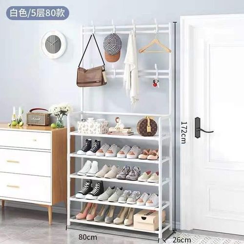 5-Tier Multifunctional Shoe, Hat And Cloth Hanger Rack-Multifunctional Entryway Coat Rack, Shoe Bench with Keys Hat Umbrella Metal Garment Stand Storage Shelves with 8 Hooks Hanger-White