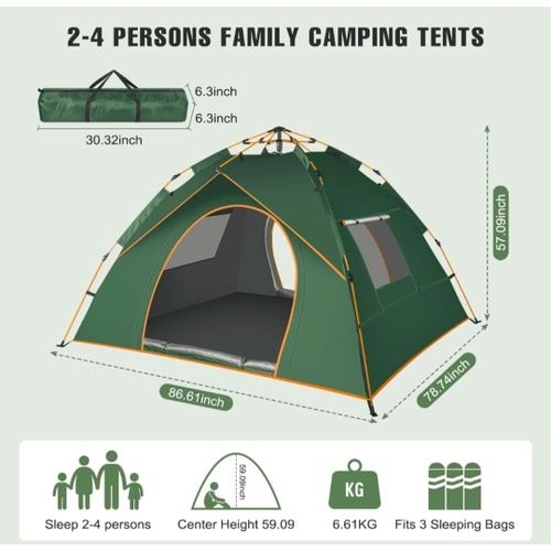 Outdoor camping tent for 3-4 Persons  tent Waterproof Windproof Rainfly, Easy Set up-Portable, Light Automatic Camping Tent, Easy To Set Up, Shading, Travel And Hiking-Green