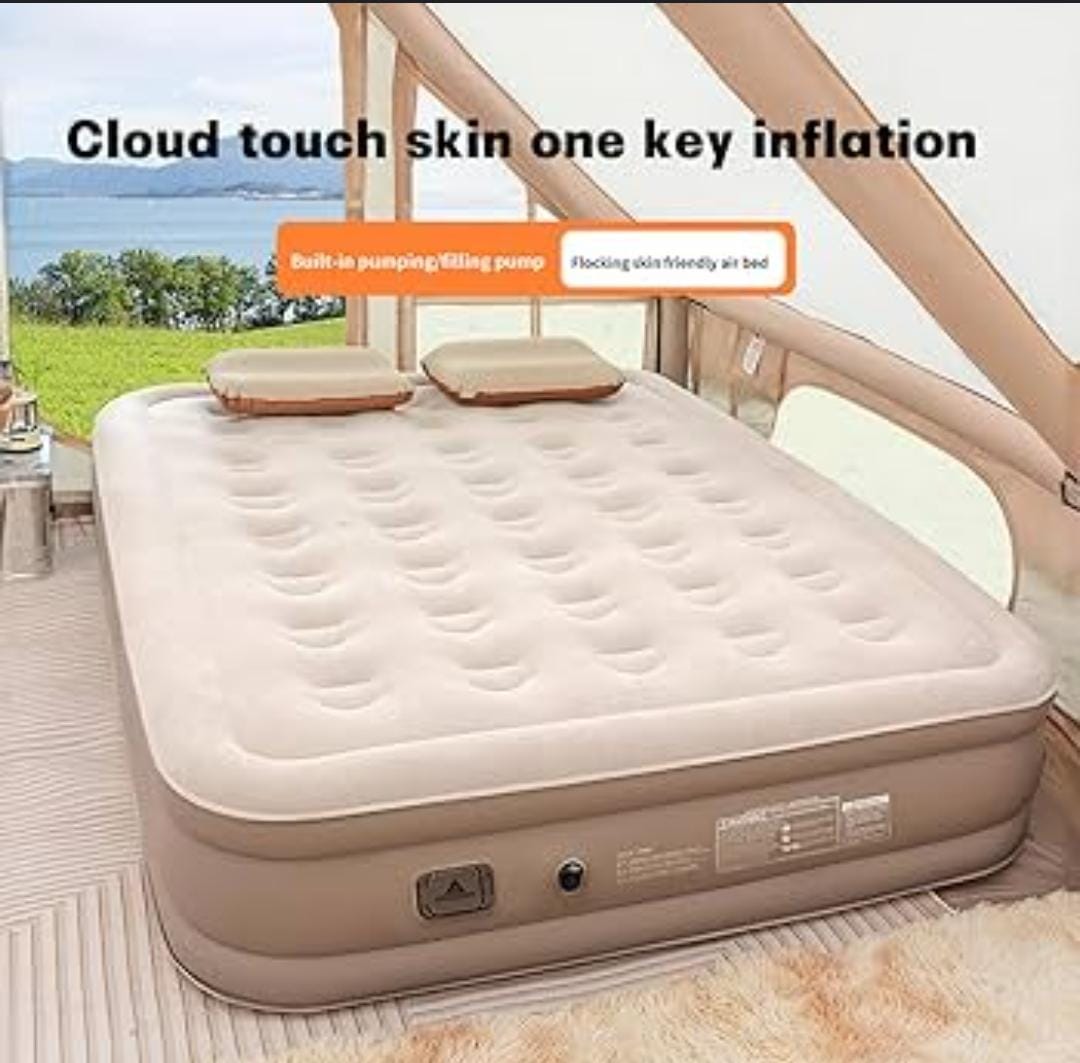 [PRICE DROP]✨ Self-Inflating Air Bed with 2 Inflatable Pillows 🛌 | Built-In Rechargeable Pump 🔋 | Type-C Charging ⚡ | Portable Camping & Guest Bed 🏕️ | 190×100×40cm | Beige & Grey Comfort 🌙💤