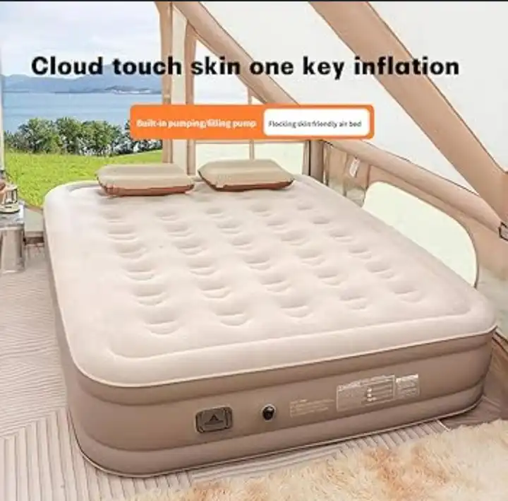 [PRICE DROP]✨ Self-Inflating Air Bed with 2 Inflatable Pillows 🛌 | Built-In Rechargeable Pump 🔋 | Type-C Charging ⚡ | Portable Camping & Guest Bed 🏕️ | 190×100×40cm | Beige & Grey Comfort 🌙💤