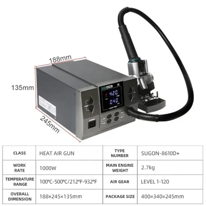 [NEW RELEASE] LEAD FREE SUGON 8610D+ 1000W Hot Air Gun Soldering Station Fast Heater for BGA SMD IC Chip Desoldering 110V 220V Mobile Repair Tools Professional Level