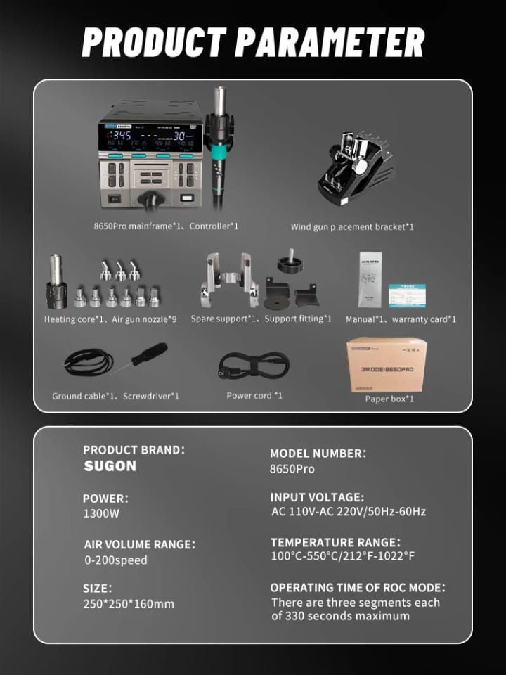 [PROFESSIONAL TOOL] IParts Sugon 8650Pro Curve Edition 1300W Intelligent Digital Hot Air Gun BGA Desoldering Rework Station Mobile Phone Repair Tool