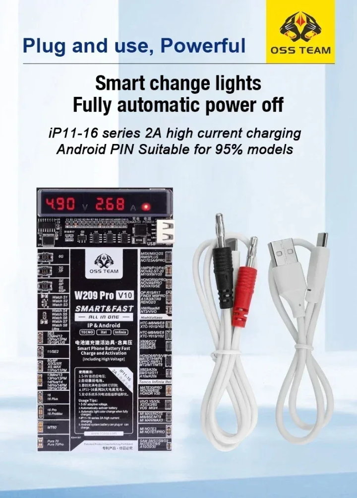 OSS Team W209 PRO V11Batery I-boot cable Activation Board for iphone 11 to  Iphone 17 Series for Apple Smart watch s1 - s8 Android Phones Fast Charging Tool Samsung Battery testing tool