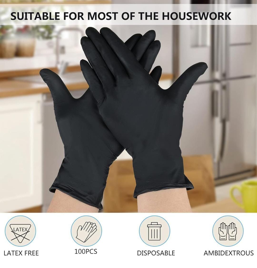 Black Nitrile Gloves 100pcs Food-Grade Disposable Powder-Free Latex-Free Gloves for Cleaning Cooking Salon & Household Use