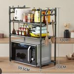 Metallic 2 Layer Microwave Stand Organizer Rack with Side Hooks Kitchen Counter Storage Shelf Heavy Duty Steel Frame Space Saving Multi Purpose Appliance Holder 72cm x 59.6cm x 33cm