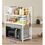 Metallic 2 Layer Microwave Stand Organizer Rack with Side Hooks Kitchen Counter Storage Shelf Heavy Duty Steel Frame Space Saving Multi Purpose Appliance Holder 72cm x 59.6cm x 33cm