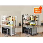 Metallic 2 Layer Microwave Stand Organizer Rack with Side Hooks Kitchen Counter Storage Shelf Heavy Duty Steel Frame Space Saving Multi Purpose Appliance Holder 72cm x 59.6cm x 33cm