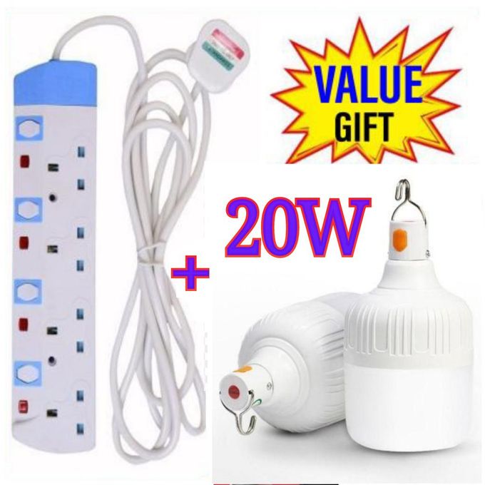 Power King COMMERCIAL & HOME BEST 4-WAY POWER EXTENSION WITH LONG CABLE +FREE 20W RECHARGEABLE BULB