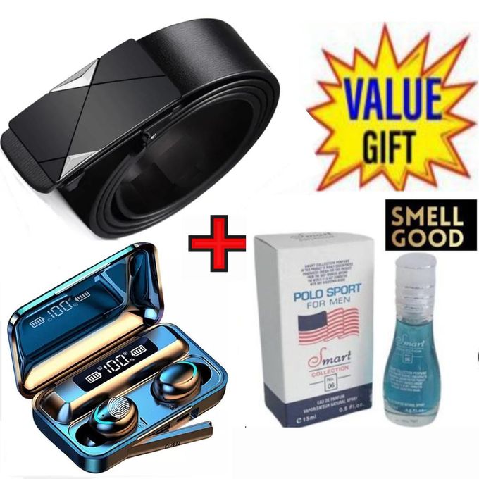 Mens Leather Belt Belts High Quality+ F9 Bluetooth Earbuds +Polo Sport Perfume