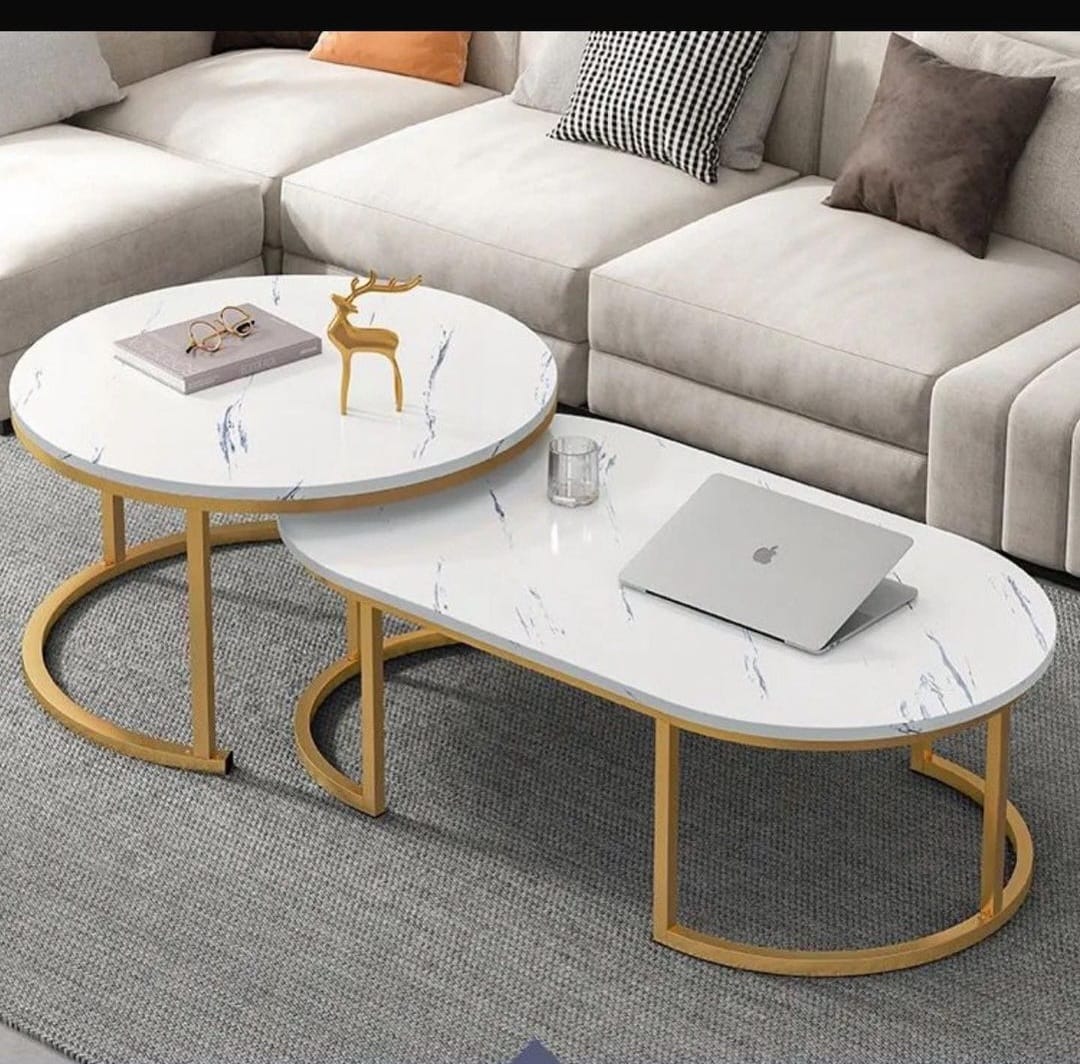 🤩Glass Top Nesting Coffee Table set(2pcs)🦋2 in 1 Glass Top Nesting Coffee Table White Surface Top and Gold leg stands Measures 70*70cm and 100*50cm