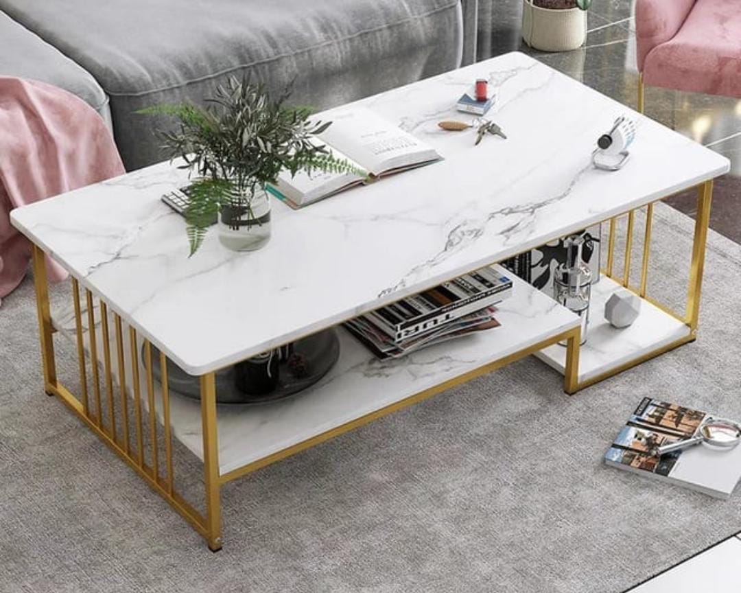 Rectangular wooden coffee table with a marble effect top and gold-toned metal legs